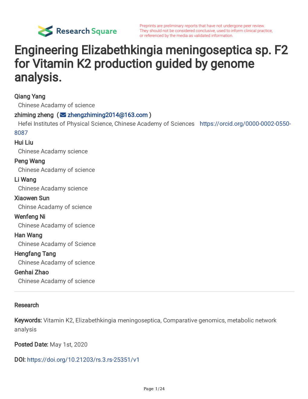 Engineering Elizabethkingia Meningoseptica Sp. F2 for Vitamin K2 Production Guided by Genome Analysis