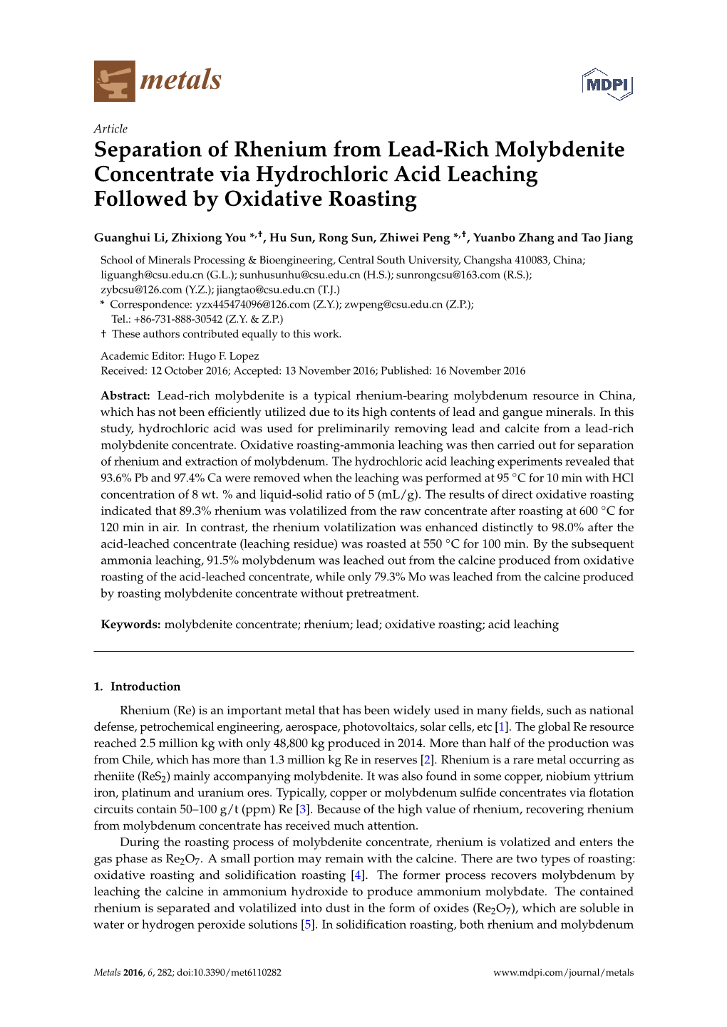 Separation of Rhenium from Lead-Rich Molybdenite Concentrate Via Hydrochloric Acid Leaching Followed by Oxidative Roasting