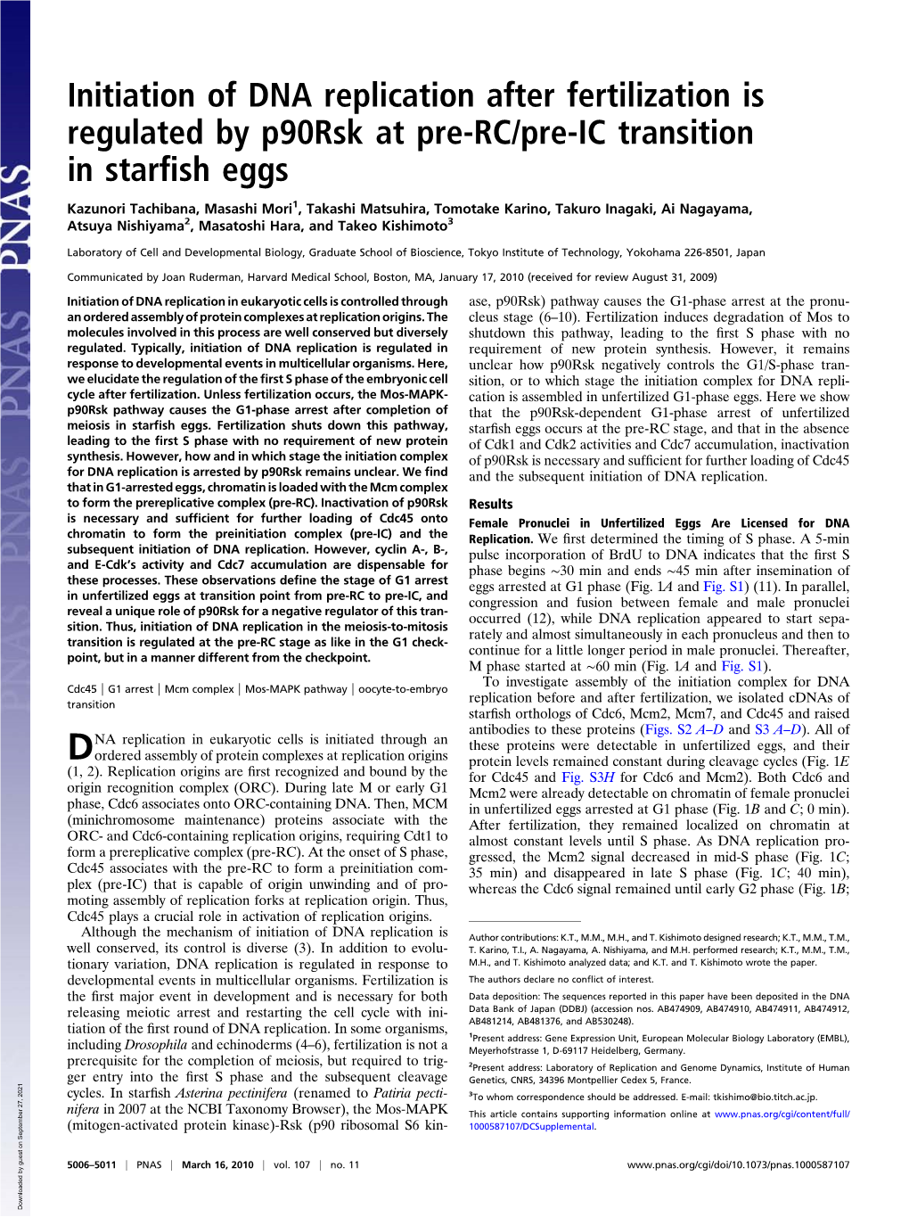 Initiation of DNA Replication After Fertilization Is Regulated by P90rsk at Pre-RC/Pre-IC Transition in Starﬁsh Eggs