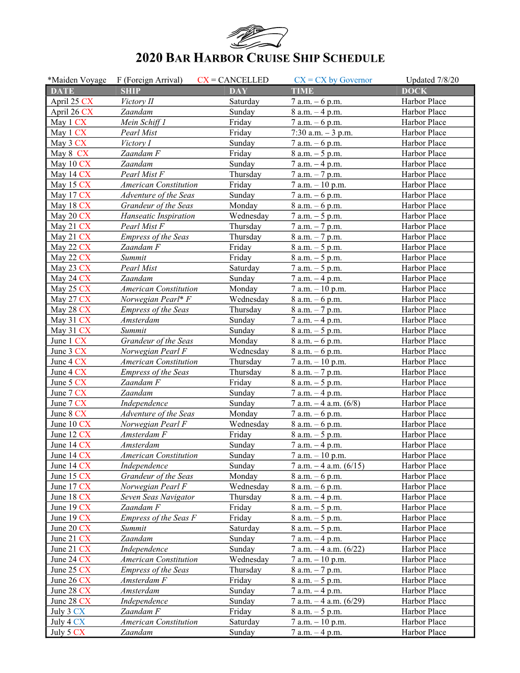 2020 Bar Harbor Cruise Ship Schedule