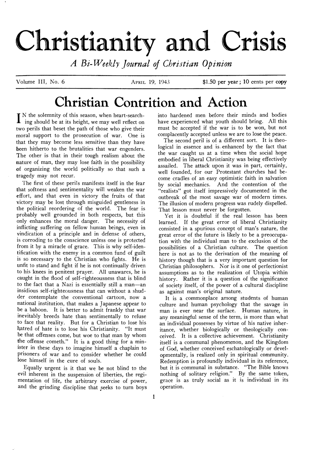 Christianity and Crisis Christian Opinion /٠ a Bi-Weekly Journal