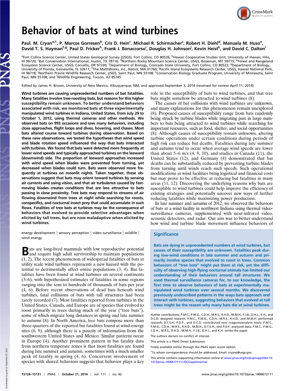 Behavior of Bats at Wind Turbines