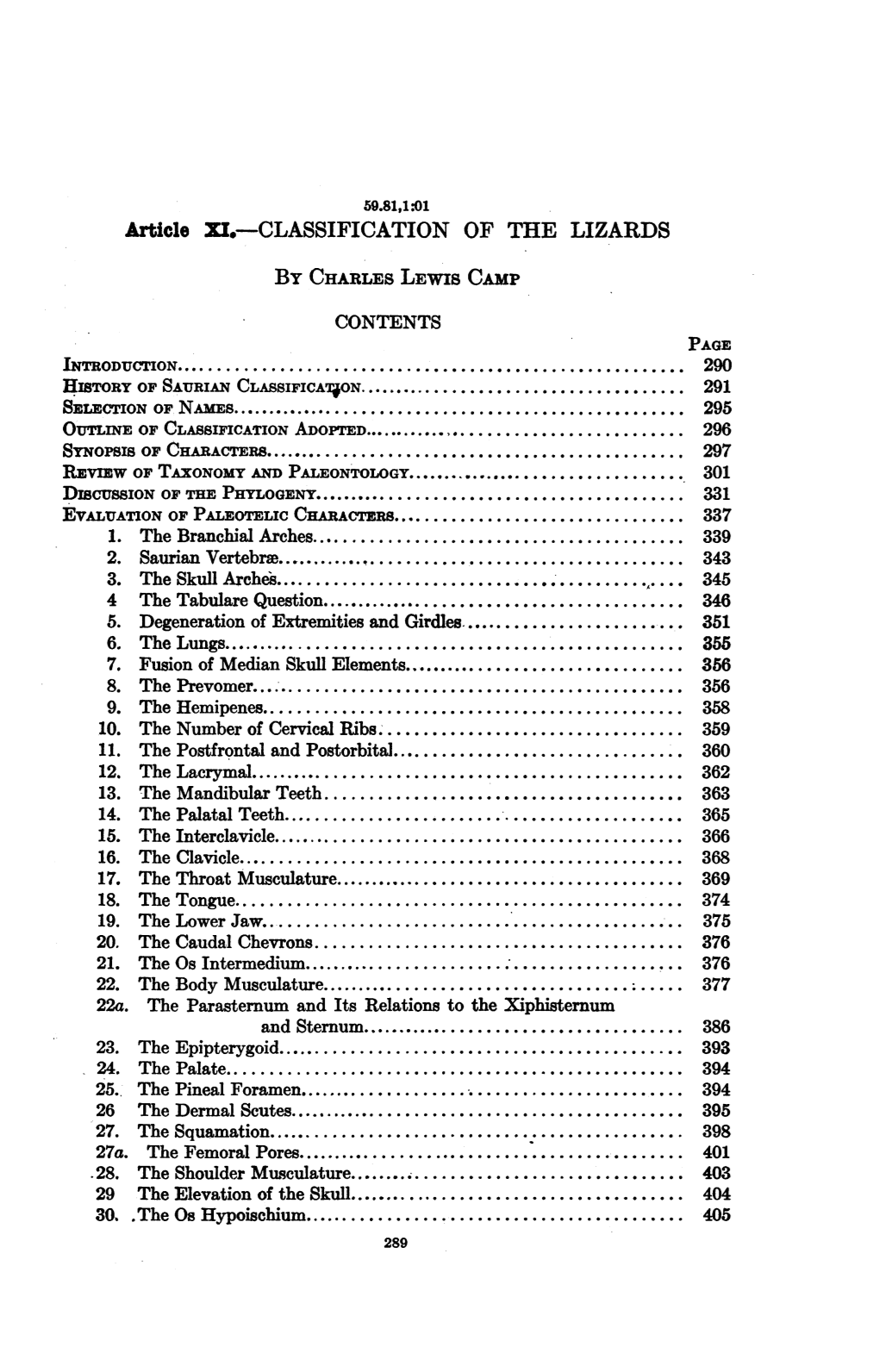 Article I.--CLASSIFICATION of the LIZARDS by CHARLES LEWIS CAMP CONTENTS PAGE INTRODIUCTION