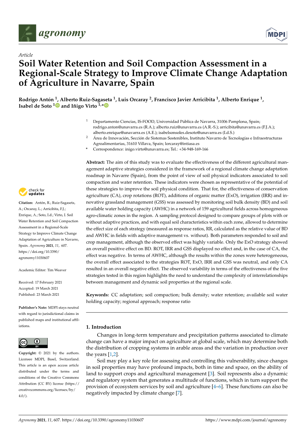 Soil Water Retention and Soil Compaction Assessment in a Regional-Scale Strategy to Improve Climate Change Adaptation of Agriculture in Navarre, Spain