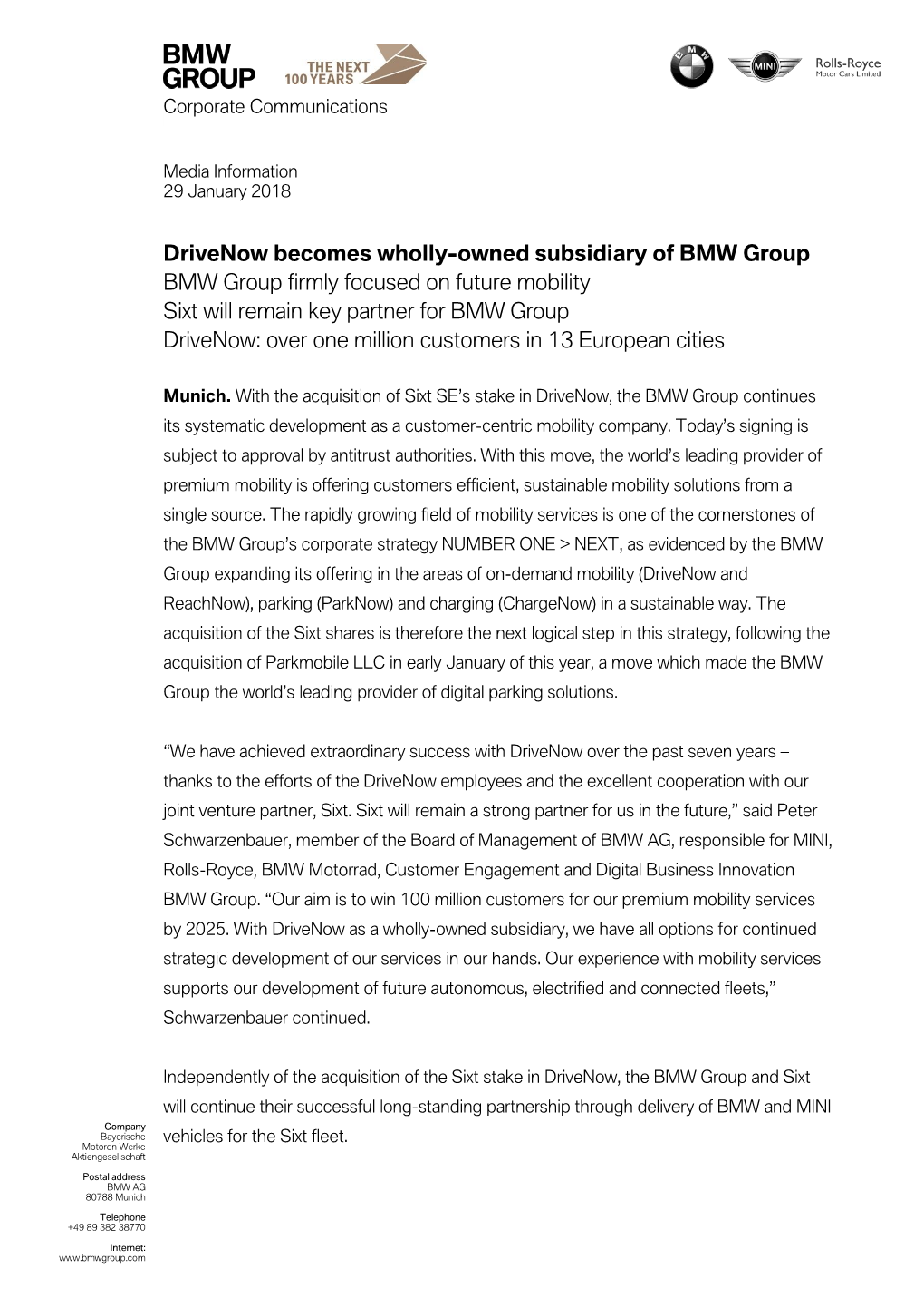 Drivenow Becomes Wholly-Owned Subsidiary of BMW Group BMW