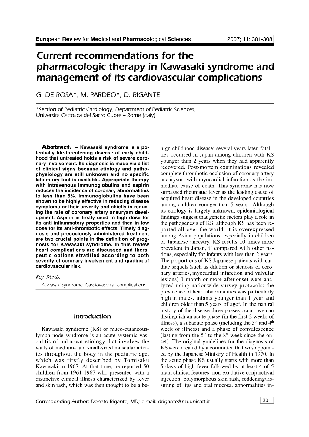 Current Recommendations for the Pharmacologic Therapy in Kawasaki Syndrome and Management of Its Cardiovascular Complications