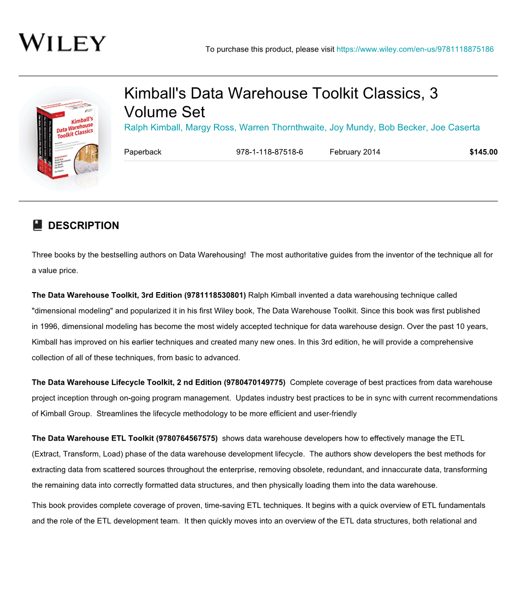 Kimball's Data Warehouse Toolkit Classics, 3 Volume Set Ralph Kimball, Margy Ross, Warren Thornthwaite, Joy Mundy, Bob Becker, Joe Caserta