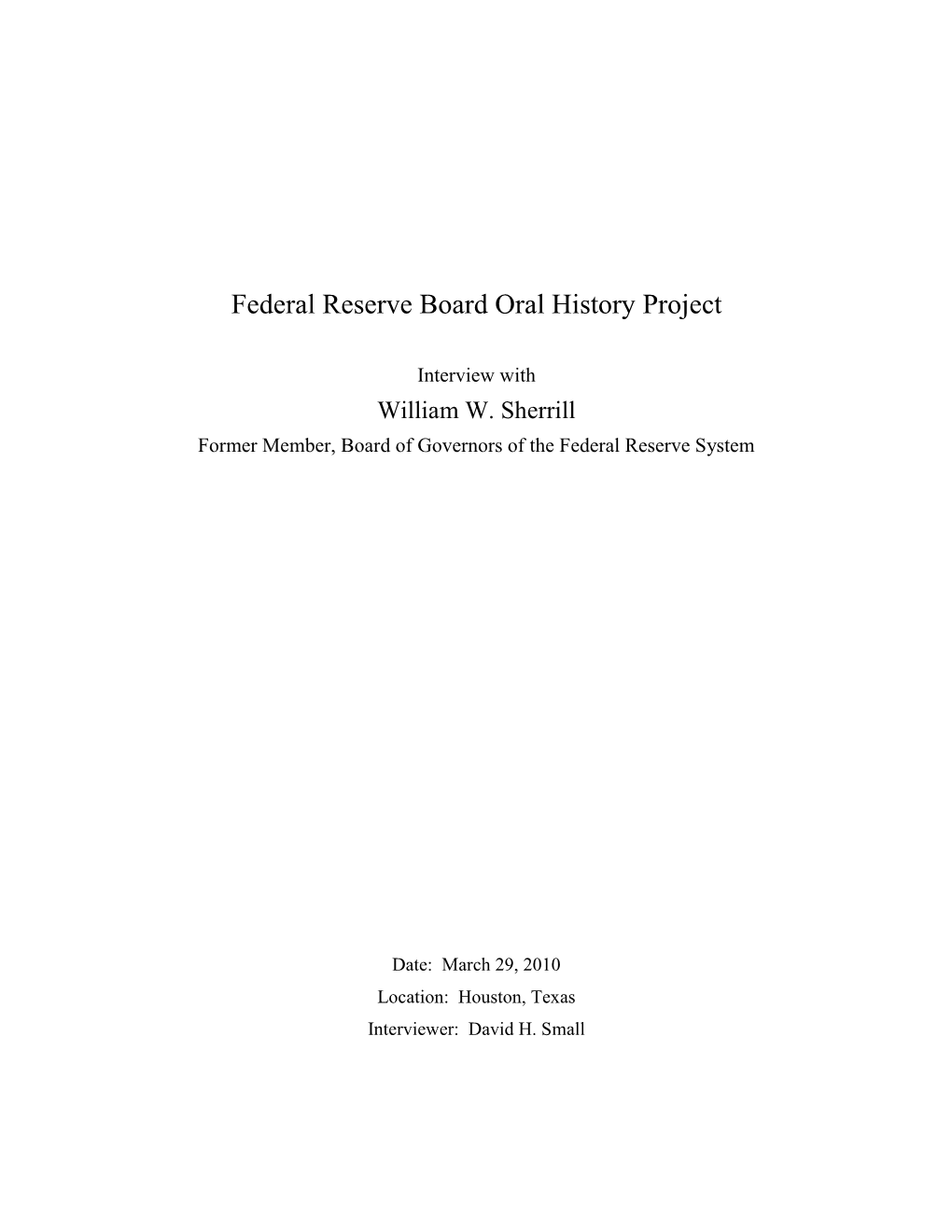 Federal Reserve Board Oral History Project: Interview with William W. Sherrill, Board of Governors of the Federal Reserve System