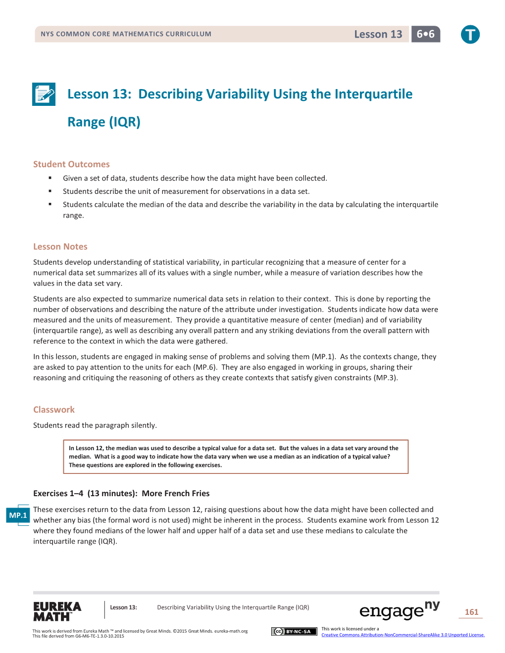 Lesson 13: Describing Variability Using the Interquartile Range (IQR)