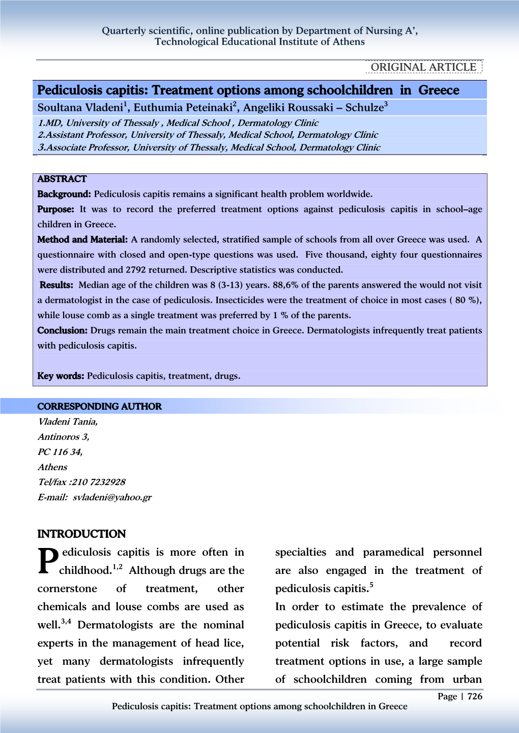 Pediculosis Capitis: Treatment Options Among Schoolchildren in Greece