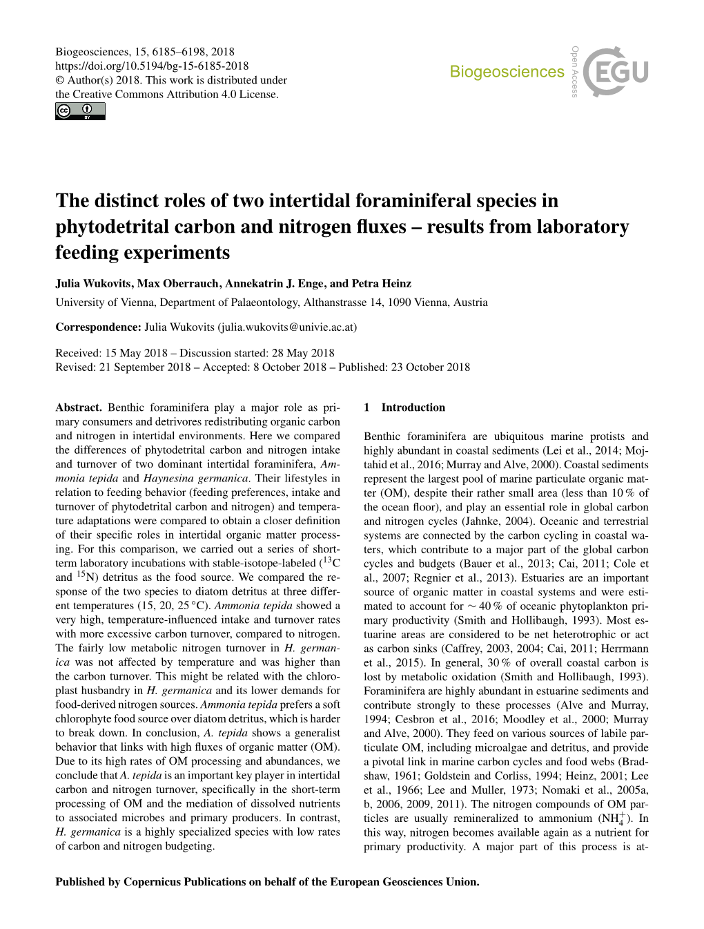 The Distinct Roles of Two Intertidal Foraminiferal Species in Phytodetrital Carbon and Nitrogen ﬂuxes – Results from Laboratory Feeding Experiments