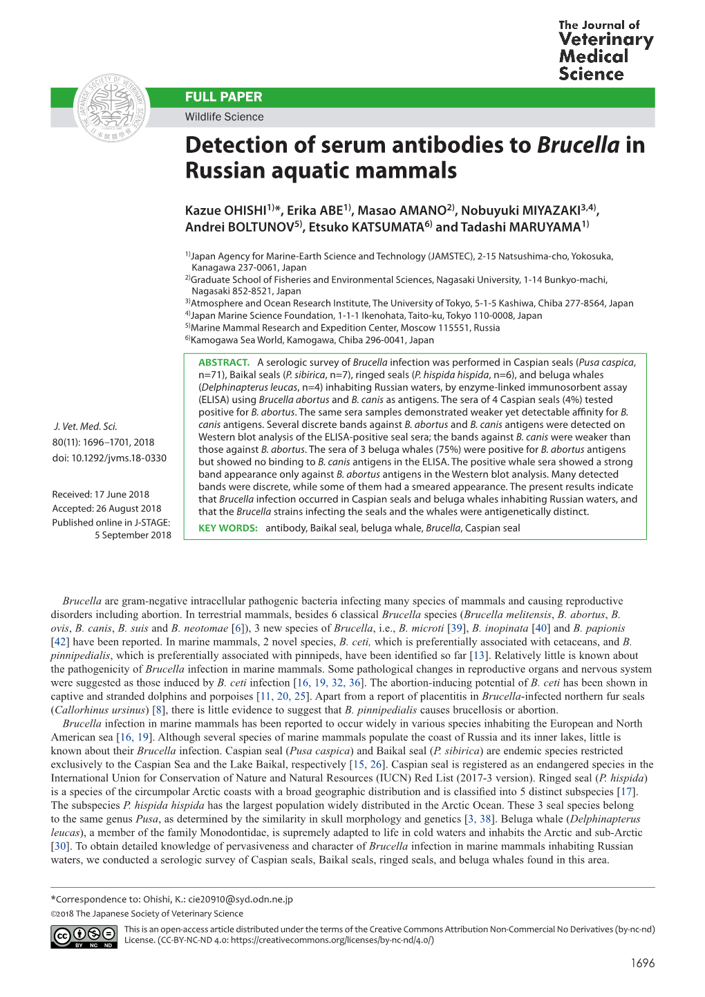 Detection of Serum Antibodies to Brucella in Russian Aquatic Mammals