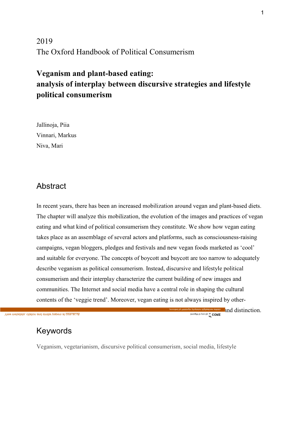 2019 the Oxford Handbook of Political Consumerism Veganism