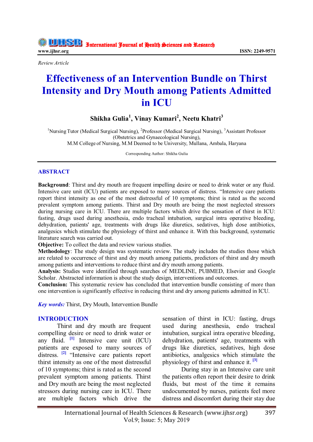 Effectiveness of an Intervention Bundle on Thirst Intensity and Dry Mouth Among Patients Admitted in ICU