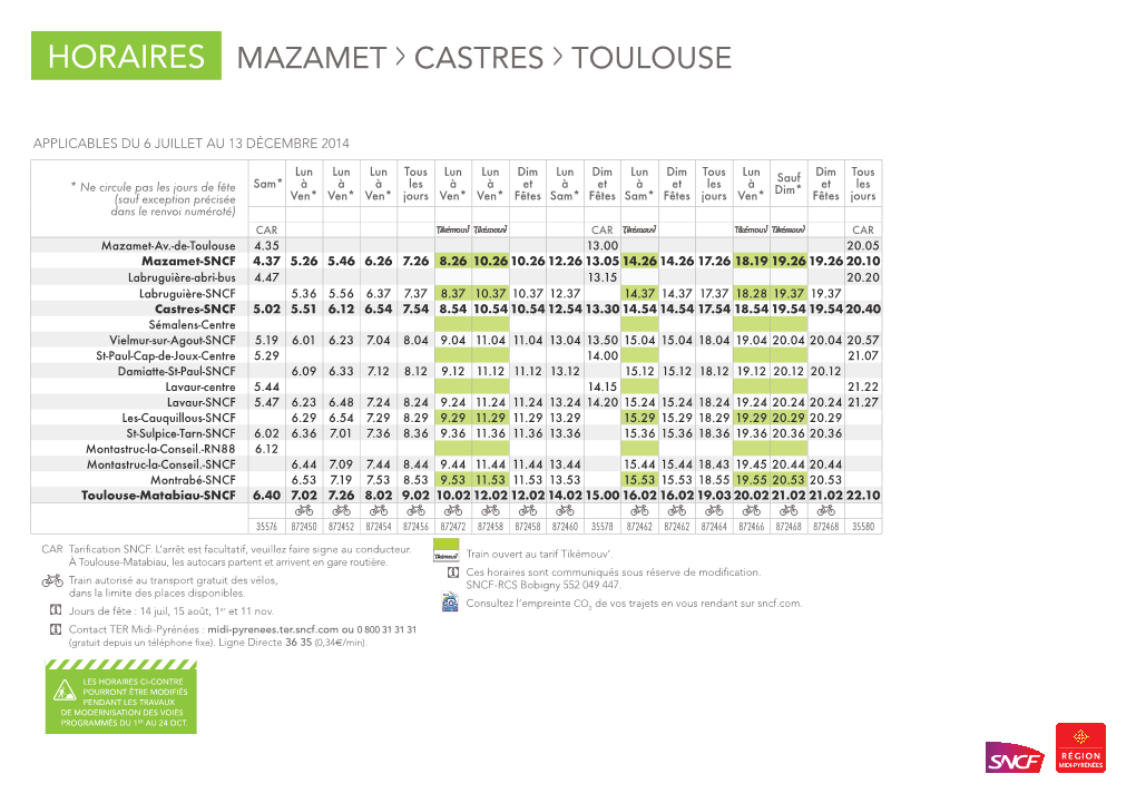 HORAIRES MAZAMET &gt; CASTRES &gt; TOULOUSE
