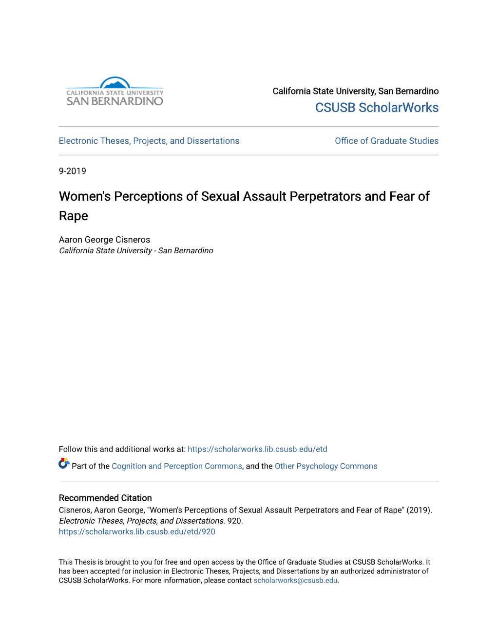 Women's Perceptions of Sexual Assault Perpetrators and Fear of Rape