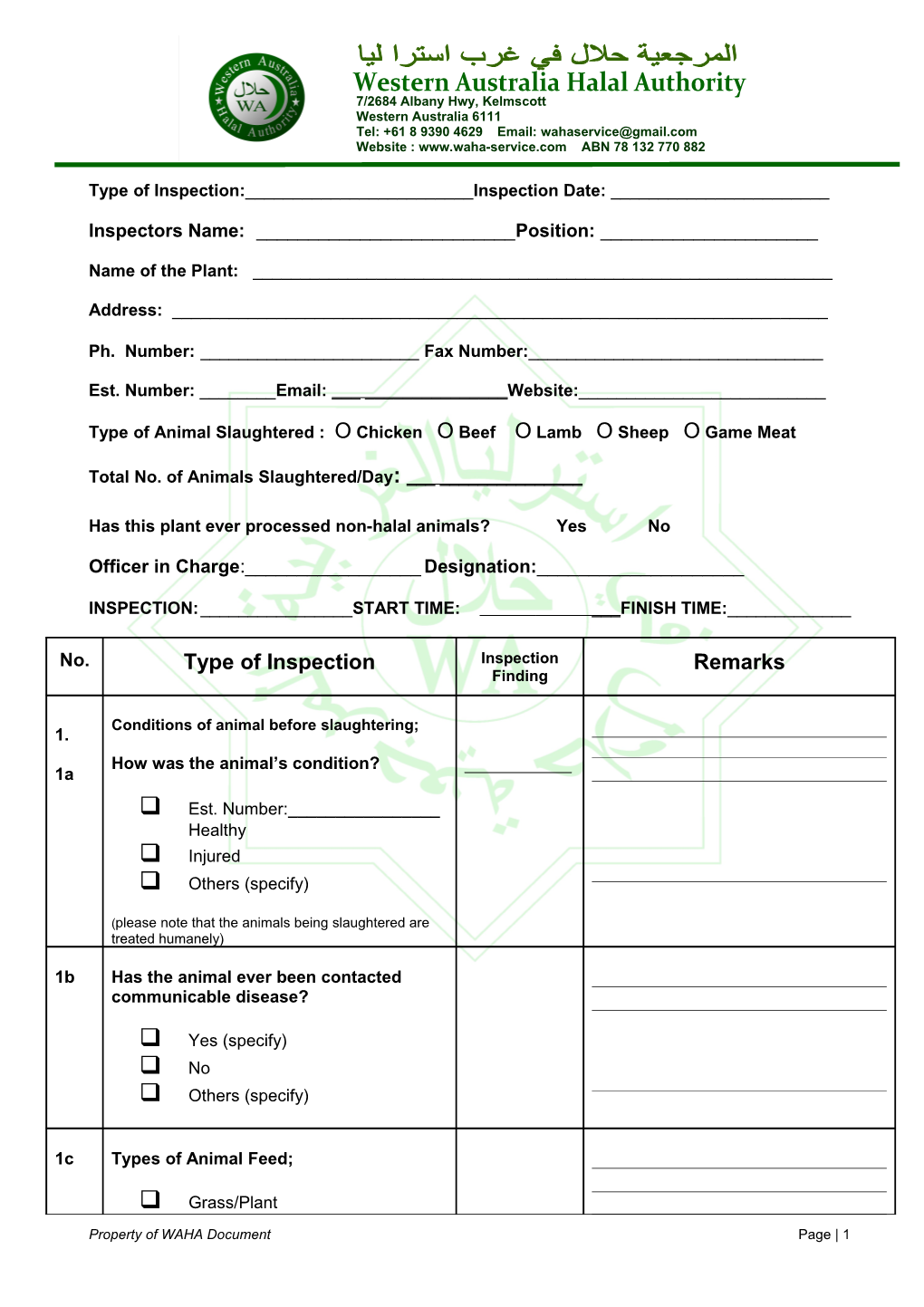 Halal Inspection Checklist for Abattoirs