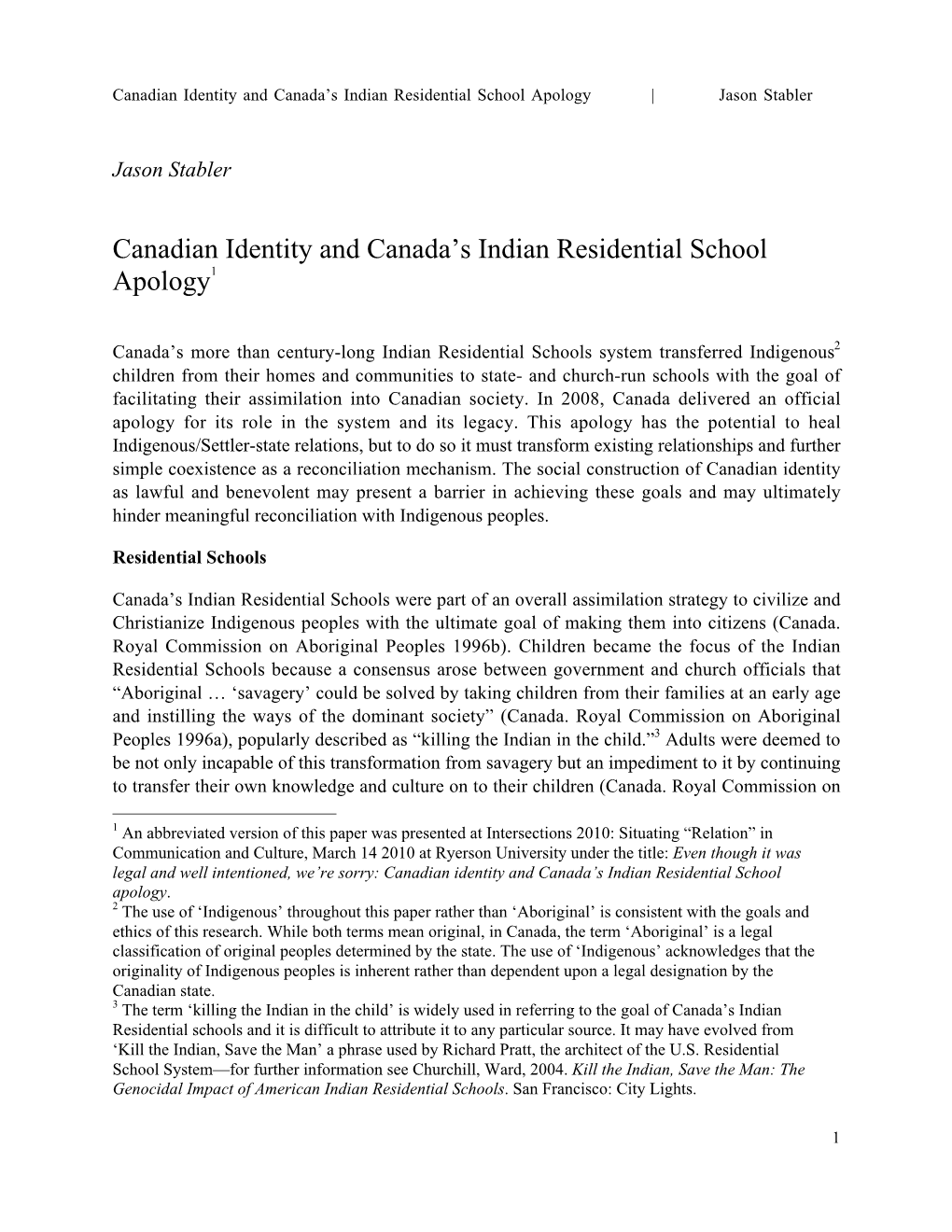 Canadian Identity and Canada's Indian Residential School Apology