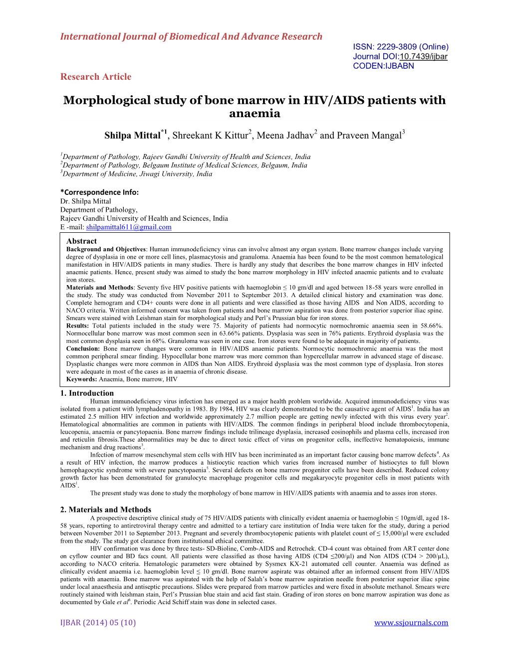 Morphological Study of Bone Marrow in HIV/AIDS Patients with Anaemia