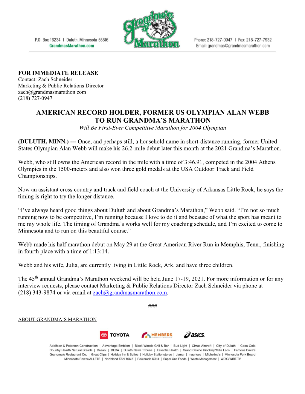 AMERICAN RECORD HOLDER, FORMER US OLYMPIAN ALAN WEBB to RUN GRANDMA’S MARATHON Will Be First-Ever Competitive Marathon for 2004 Olympian