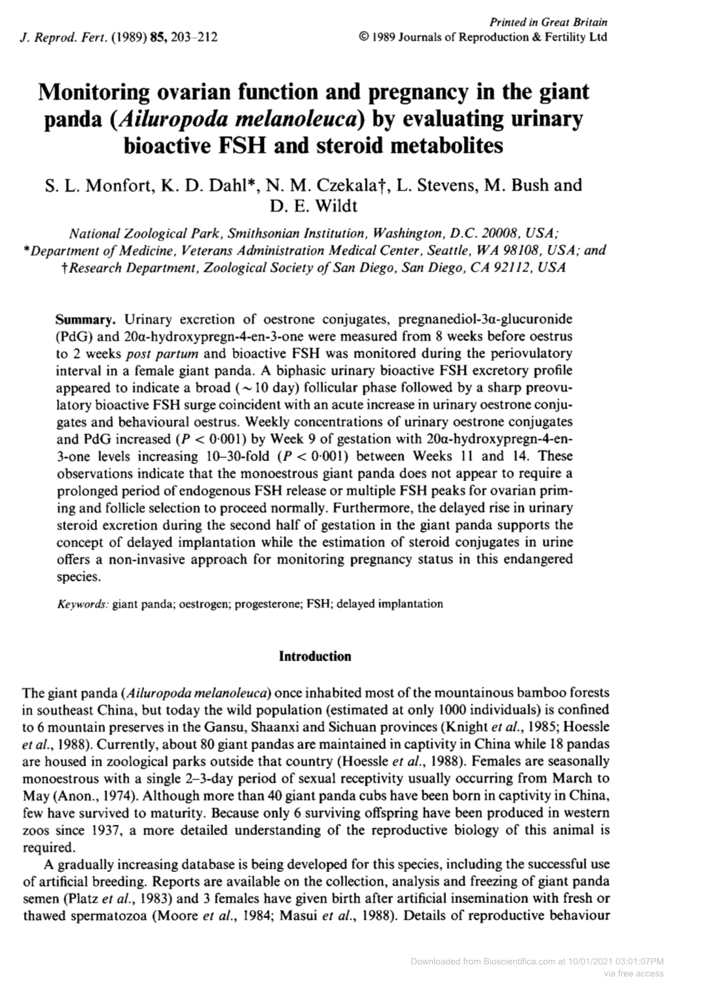 Panda (Ailuropoda Melanoleuca) by Evaluating Urinary Bioactive FSH and Steroid Metabolites S