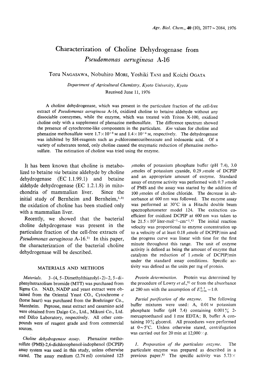 Characterization of Choline Dehydrogenase from Pseudomonas Aeruginosa A-16