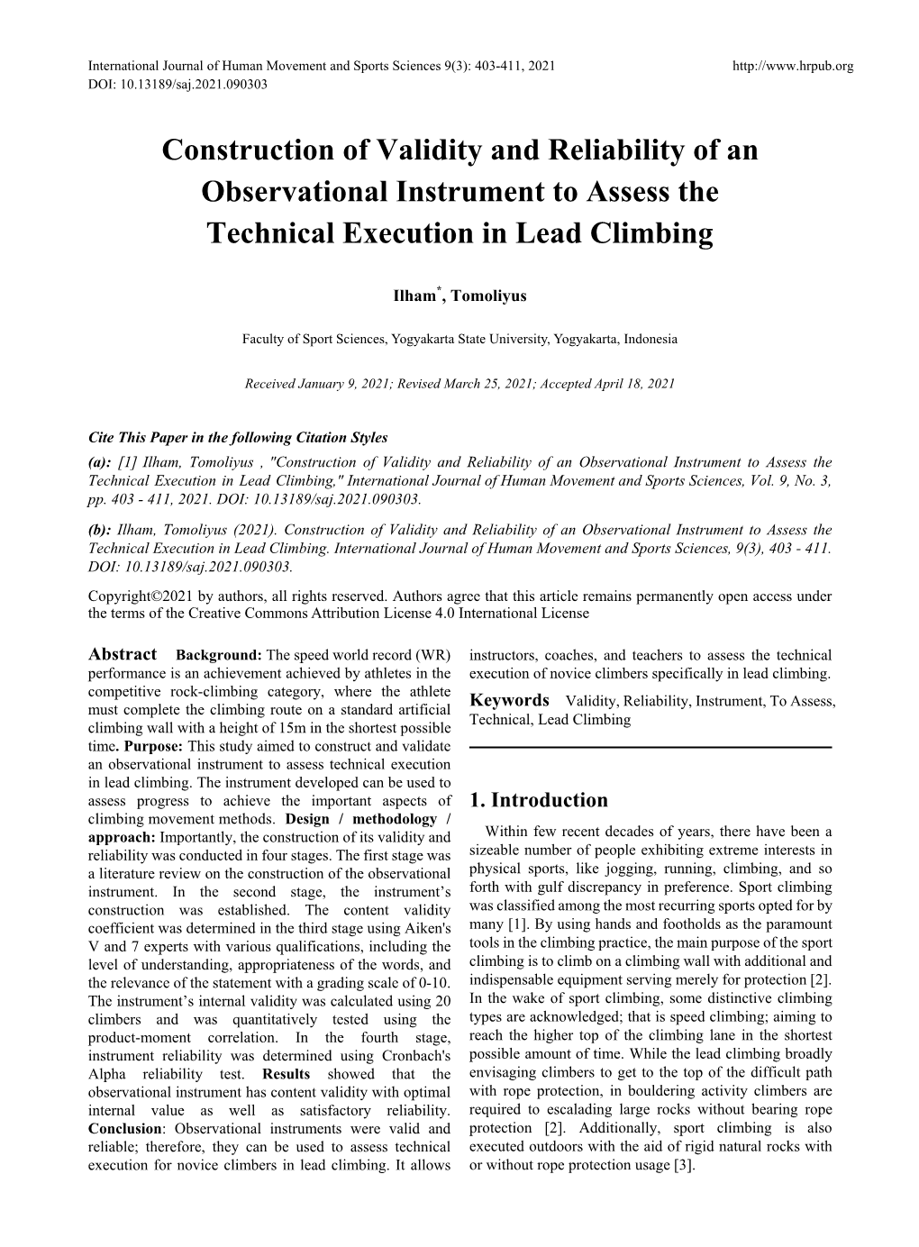 Construction of Validity and Reliability of an Observational Instrument to Assess the Technical Execution in Lead Climbing