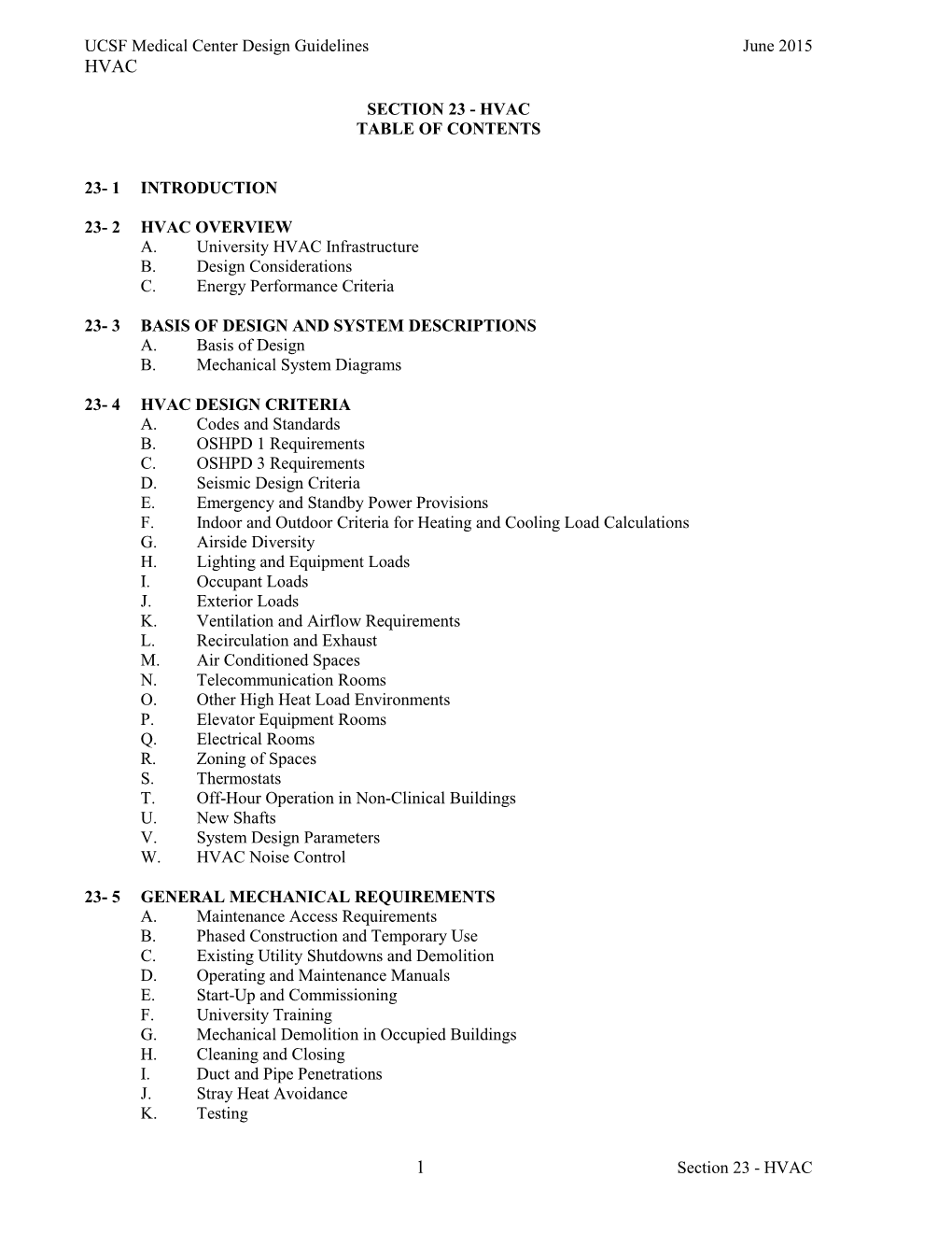 Section 23 - Hvac Table of Contents