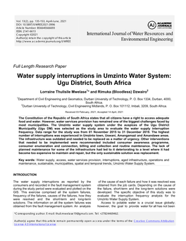 Water Supply Interruptions in Umzinto Water System: Ugu District, South Africa