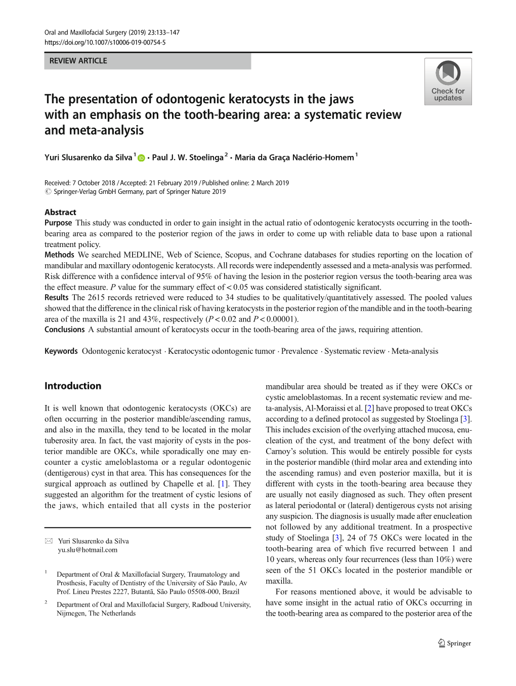 The Presentation of Odontogenic Keratocysts in the Jaws with an Emphasis on the Tooth-Bearing Area: a Systematic Review and Meta-Analysis