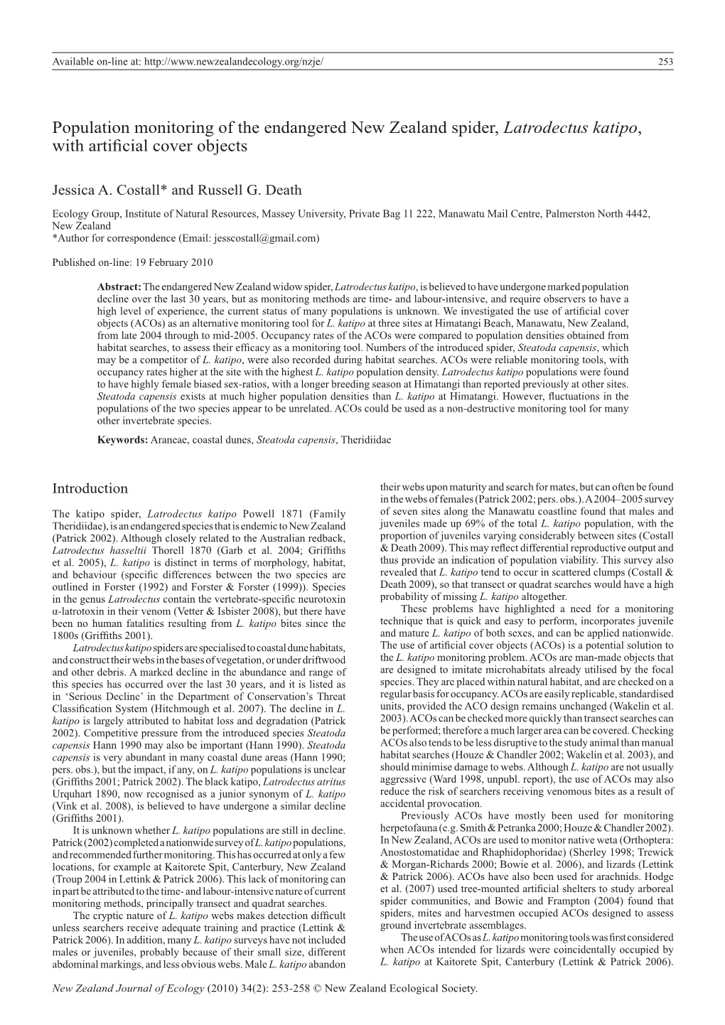 Population Monitoring of the Endangered New Zealand Spider, Latrodectus Katipo, with Artificial Cover Objects