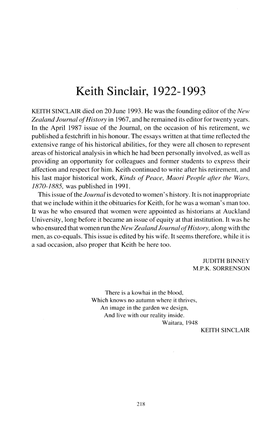 Keith Sinclair, 1922-1993