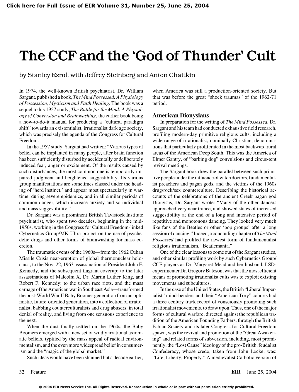 The CCF and the 'God of Thunder' Cult