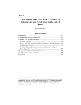 Article Will Parties Take to Tahkim?: the Use of Islamic Law and Arbitration in the United States