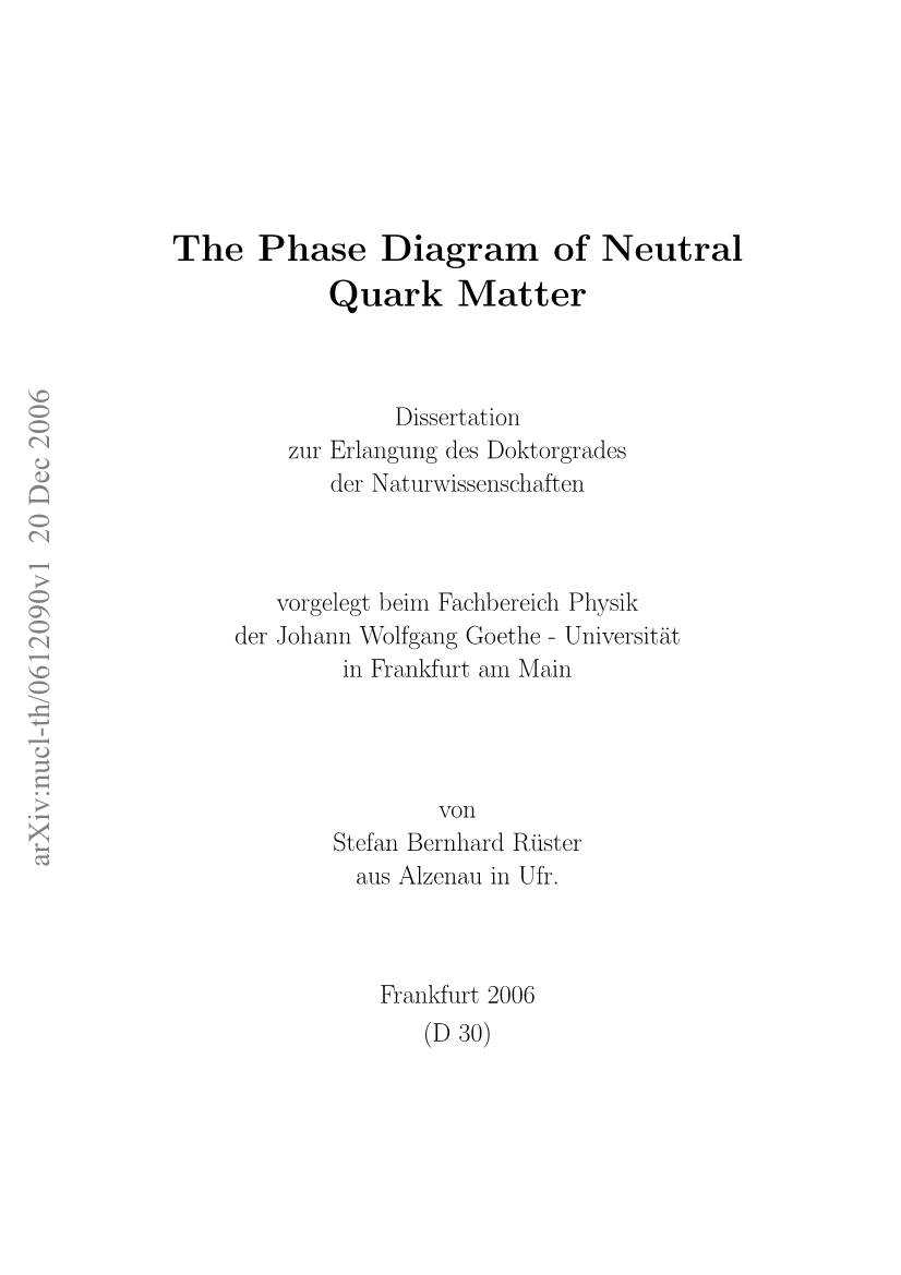 The Phase Diagram of Neutral Quark Matter 41 2.1 Thephasediagramofmasslessquarks