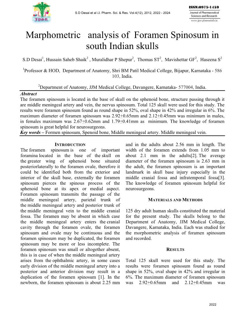 Marphometric Analysis of Foramen Spinosum in South Indian Skulls