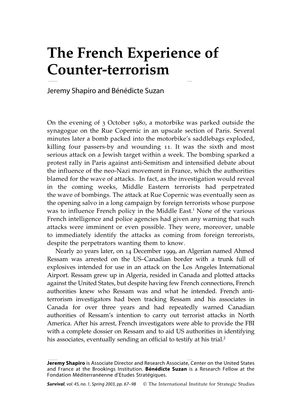 The French Experience of Counter-Terrorism 67 the French Experience Of