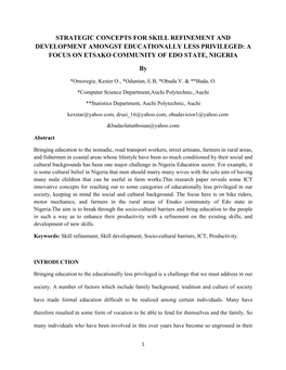 Strategic Concepts for Skill Refinement and Development Amongst Educationally Less Privileged: a Focus on Etsako Community of Edo State, Nigeria