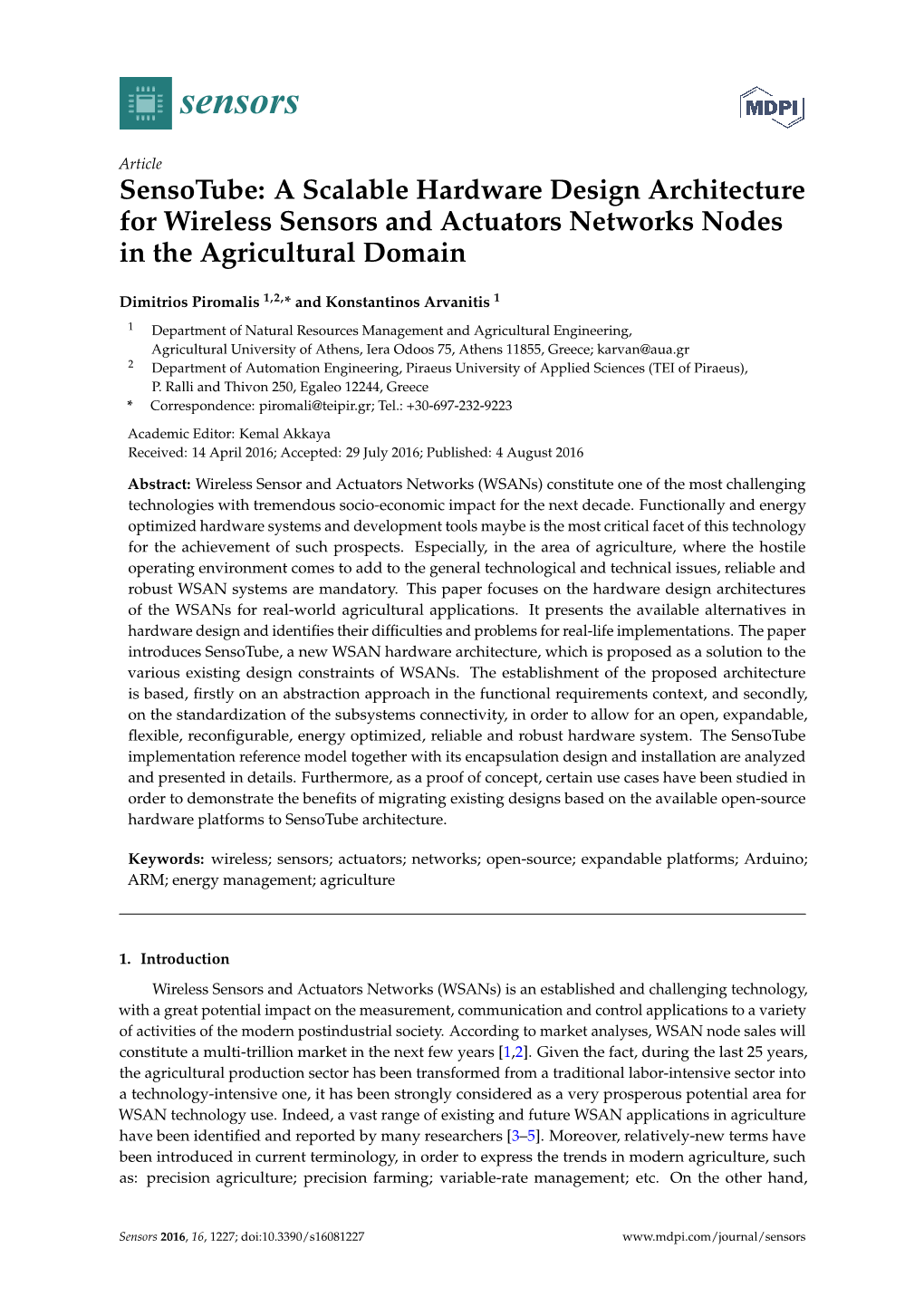 Sensotube: a Scalable Hardware Design Architecture for Wireless Sensors and Actuators Networks Nodes in the Agricultural Domain