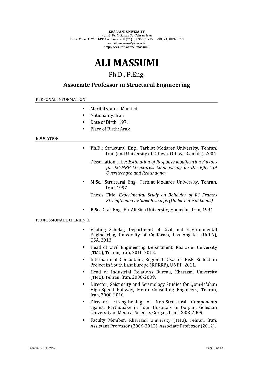 ALI MASSUMI Ph.D., P.Eng