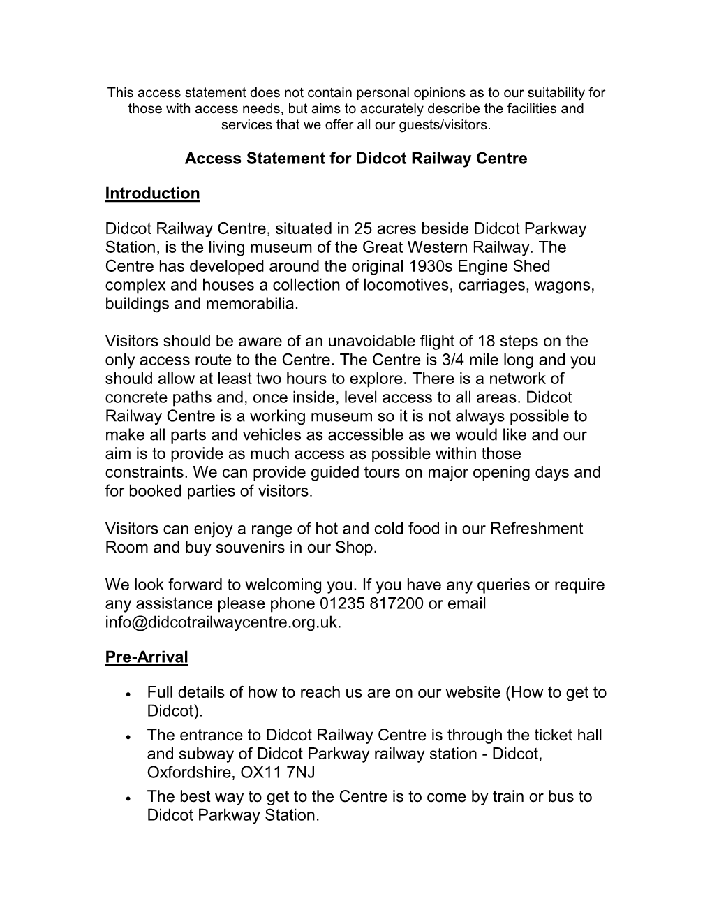 Access Statement for Didcot Railway Centre