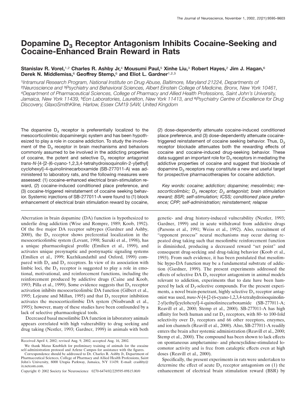 Dopamine D3 Receptor Antagonism Inhibits Cocaine-Seeking and Cocaine-Enhanced Brain Reward in Rats