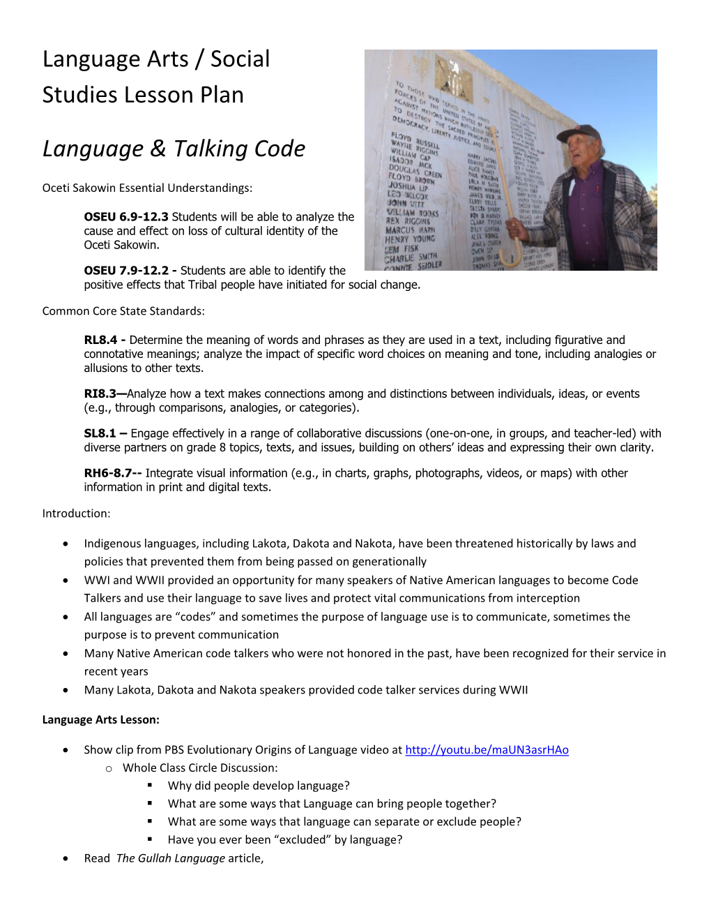 Language Arts / Social Studies Lesson Plan Language & Talking