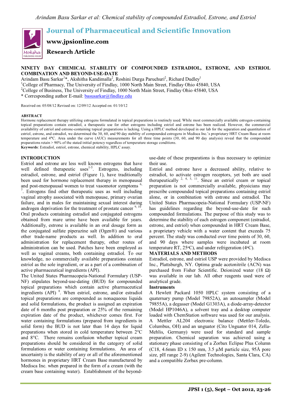 Chemical Stability of Compounded Estradiol, Estrone, and Estriol