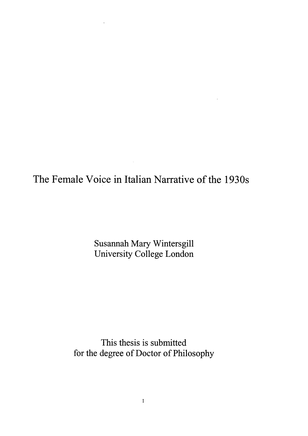 The Female Voice in Italian Narrative of the 1930S