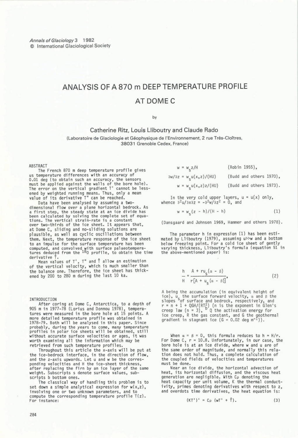 ANALYSIS of a 870 M DEEP TEMPERATURE PROFILE at DOME C