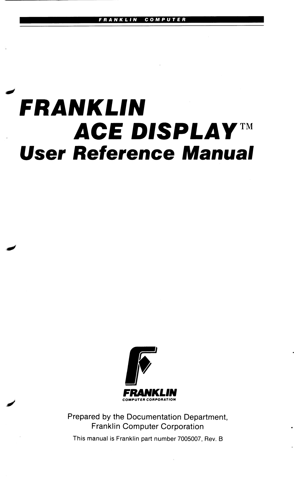 Franklin ACE Display User Reference Manual 7005007 Rev B