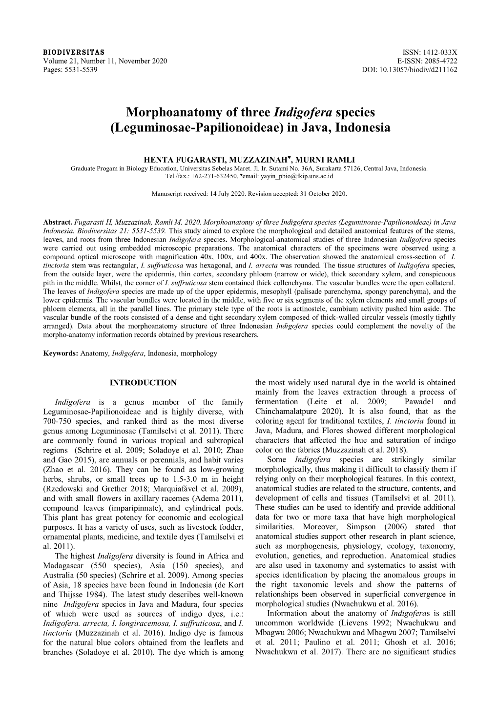 Morphoanatomy of Three Indigofera Species (Leguminosae-Papilionoideae) in Java, Indonesia