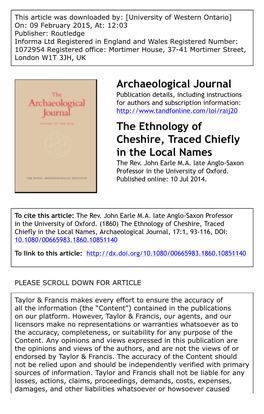 Archaeological Journal the Ethnology of Cheshire, Traced Chiefly in The