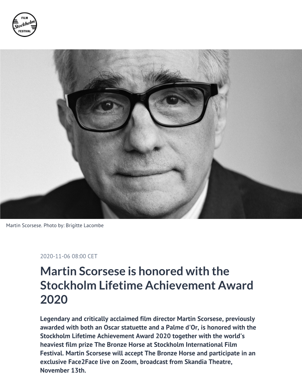 Martin Scorsese Is Honored with the Stockholm Lifetime Achievement Award 2020